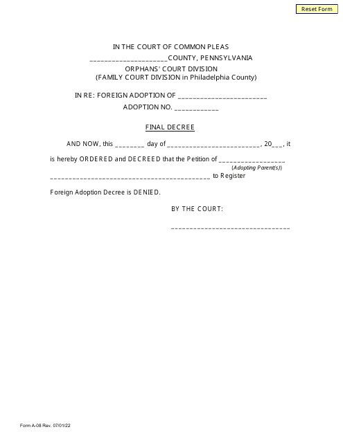 Form A-08 Final Decree - Denied - Pennsylvania