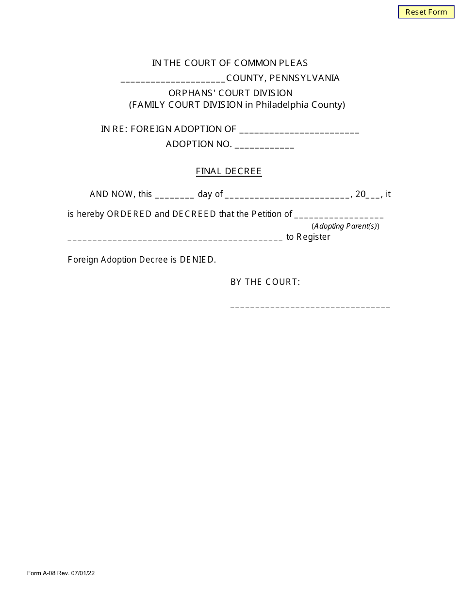 Form A-08 Final Decree - Denied - Pennsylvania, Page 1