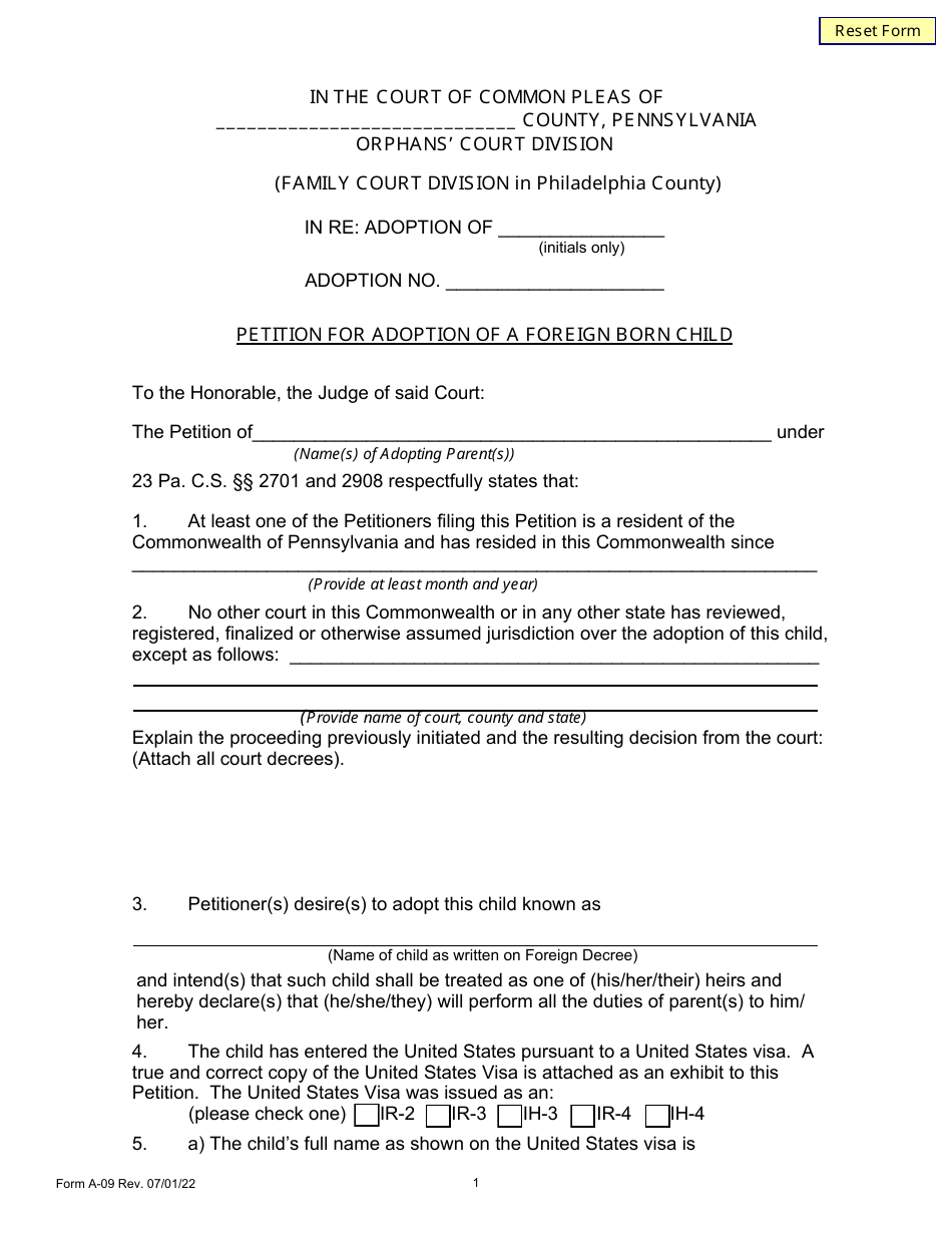 Form A-09 Petition for Adoption of a Foreign Born Child - Pennsylvania, Page 1