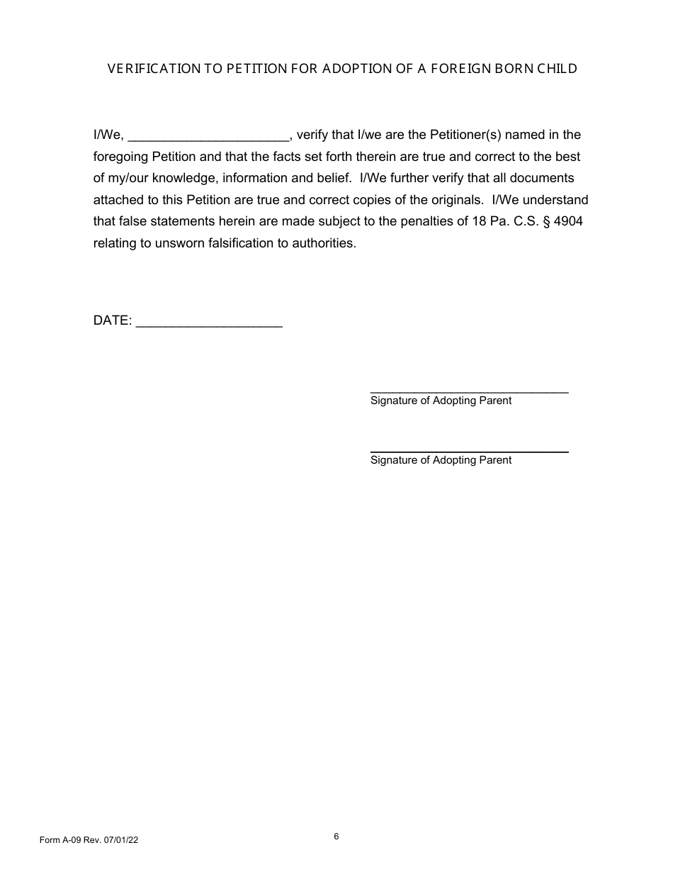 Form A-09 Petition for Adoption of a Foreign Born Child - Pennsylvania, Page 6