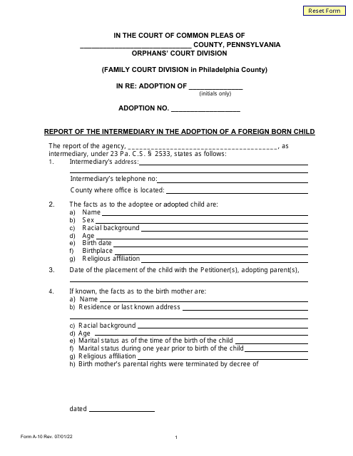 Form A-10 Report of the Intermediary in the Adoption of a Foreign Born Child - Pennsylvania