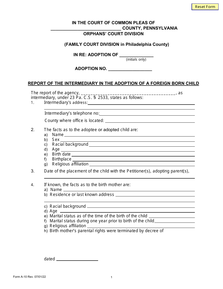 Form A-10 Report of the Intermediary in the Adoption of a Foreign Born Child - Pennsylvania, Page 1