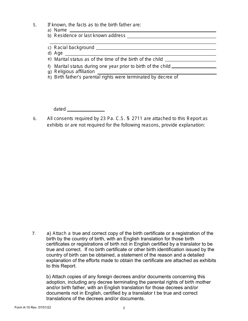 Form A-10 Report of the Intermediary in the Adoption of a Foreign Born Child - Pennsylvania, Page 2