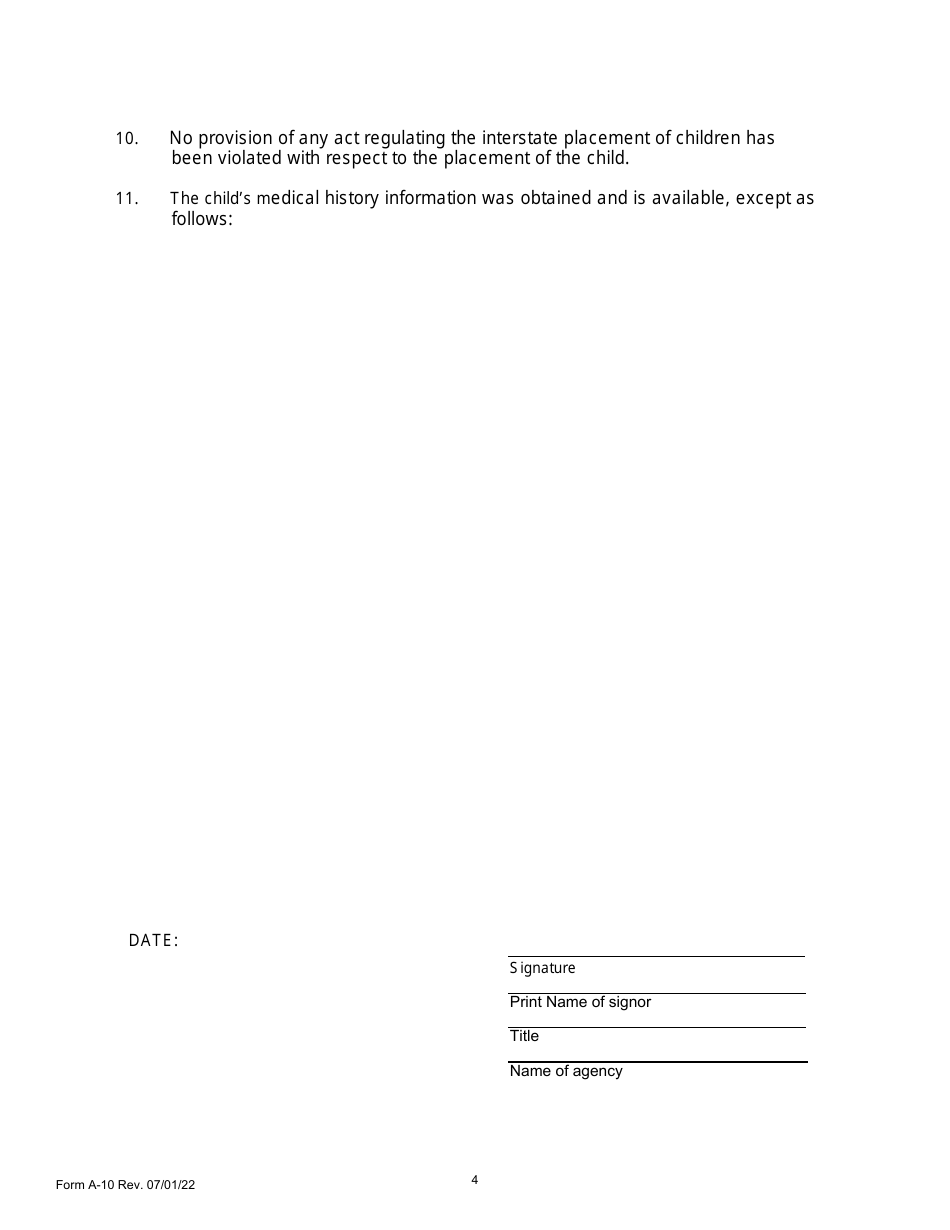 Form A-10 Report of the Intermediary in the Adoption of a Foreign Born Child - Pennsylvania, Page 4
