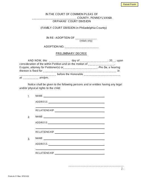 Form A-11 Preliminary Decree - Pennsylvania