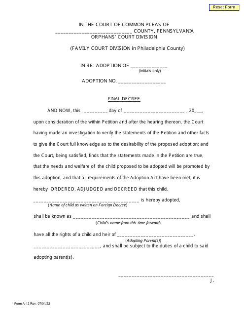 Form A-12 Final Decree - Pennsylvania
