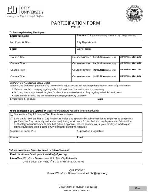 City University Participation Form - City and County of San Francisco, California Download Pdf