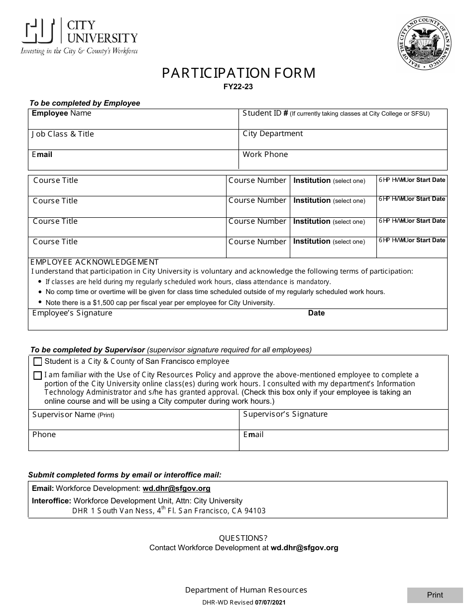 City University Participation Form - City and County of San Francisco, California, Page 1