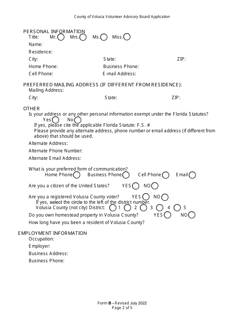 Form B Volunteer Advisory Board Application - Volusia County, Florida, Page 2