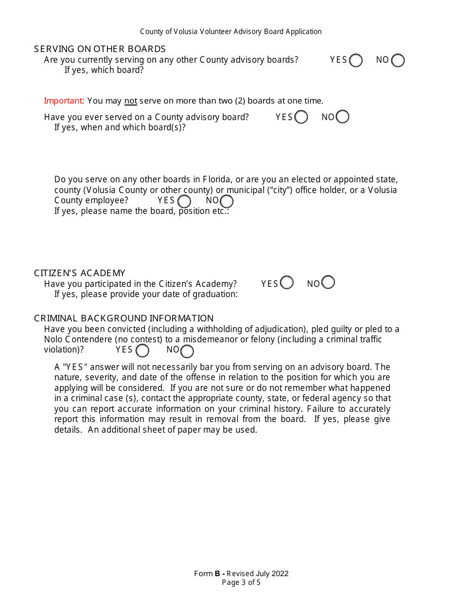 Form B Volunteer Advisory Board Application - Volusia County, Florida, Page 3