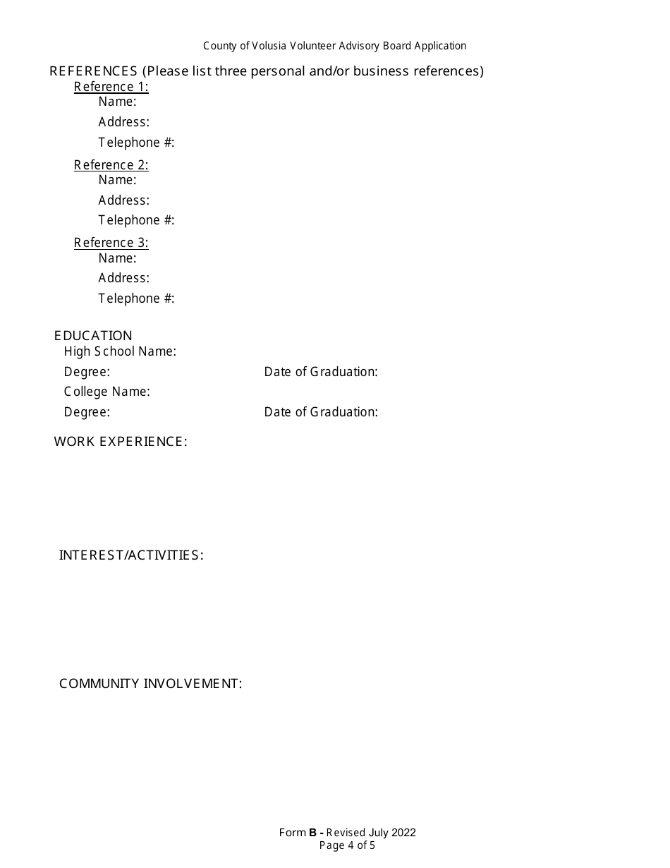 Form B Volunteer Advisory Board Application - Volusia County, Florida, Page 4