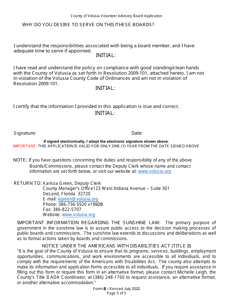 Form B Volunteer Advisory Board Application - Volusia County, Florida, Page 5