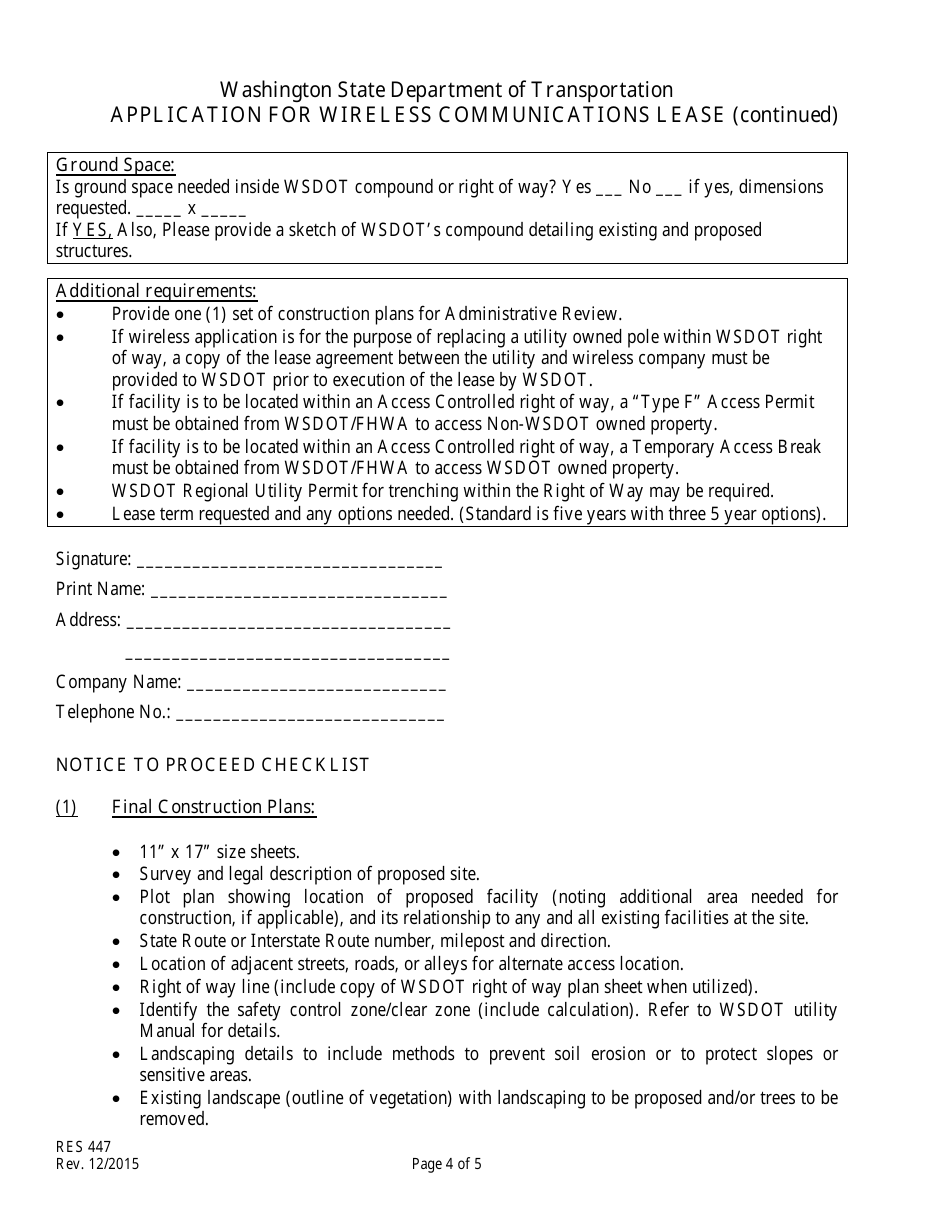 Form RES447 Application for Wireless Communications Lease - Washington, Page 4