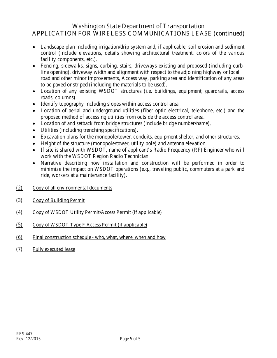 Form RES447 Application for Wireless Communications Lease - Washington, Page 5