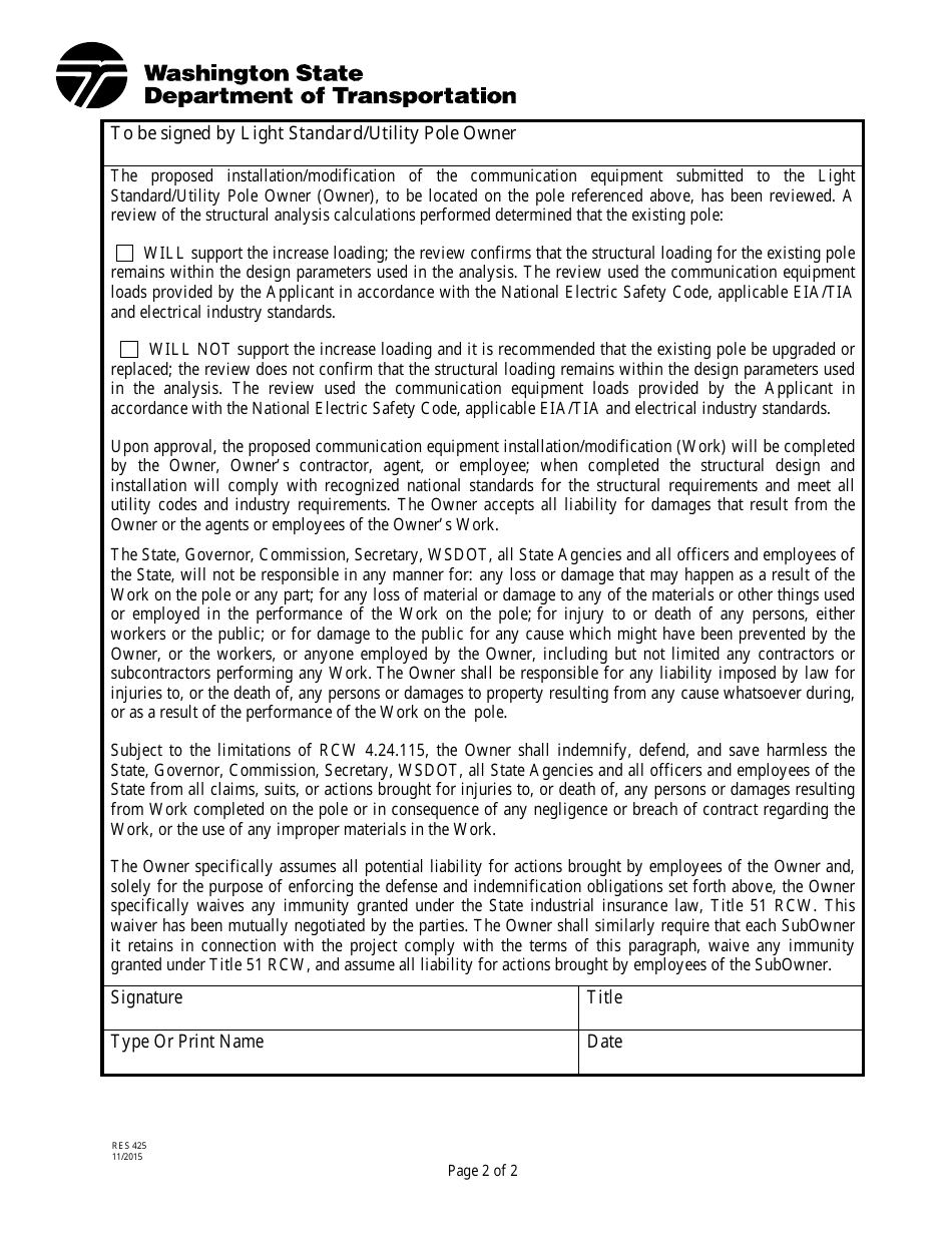 Form RES425 Light Standard / Utility Pole Endorsement - Washington, Page 2