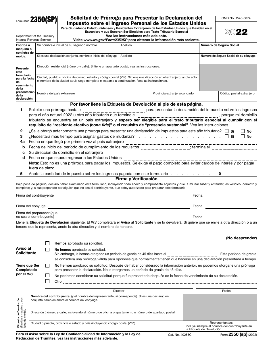 IRS Formulario 2350(SP) Download Fillable PDF or Fill Online Solicitud ...