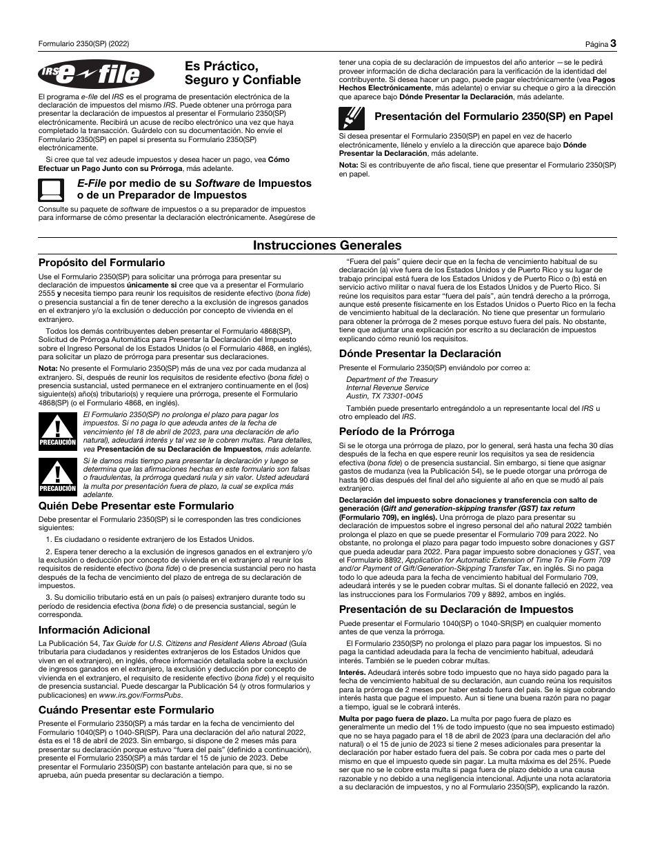 IRS Formulario 2350(SP) Solicitud De Prorroga Para Presentar La Declaracion Del Impuesto Sobre El Ingreso Personal De Los Estados Unidos (Spanish), Page 3