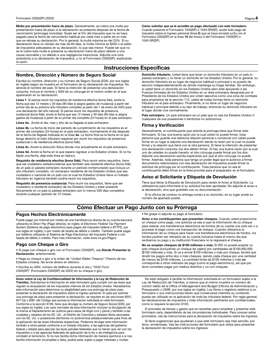 IRS Formulario 2350(SP) Solicitud De Prorroga Para Presentar La Declaracion Del Impuesto Sobre El Ingreso Personal De Los Estados Unidos (Spanish), Page 4
