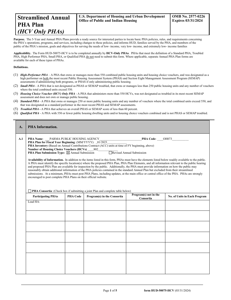 Form HUD-50075-HCV Streamlined Annual Pha Plan (Hcv Only Phas), Page 1