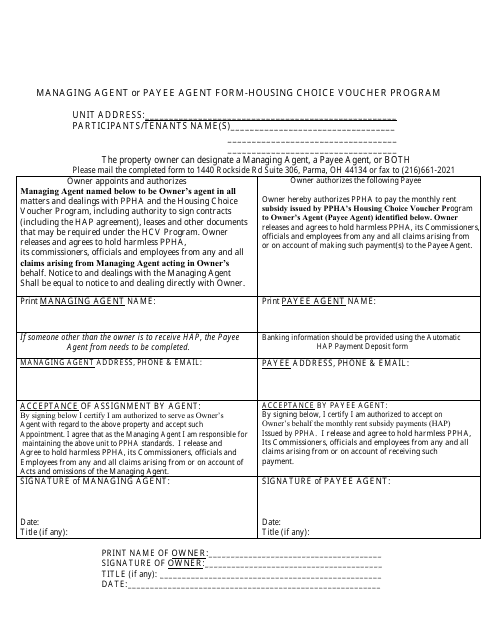 Managing Agent or Payee Agent Form - Housing Choice Voucher Program - City of Parma, Ohio Download Pdf