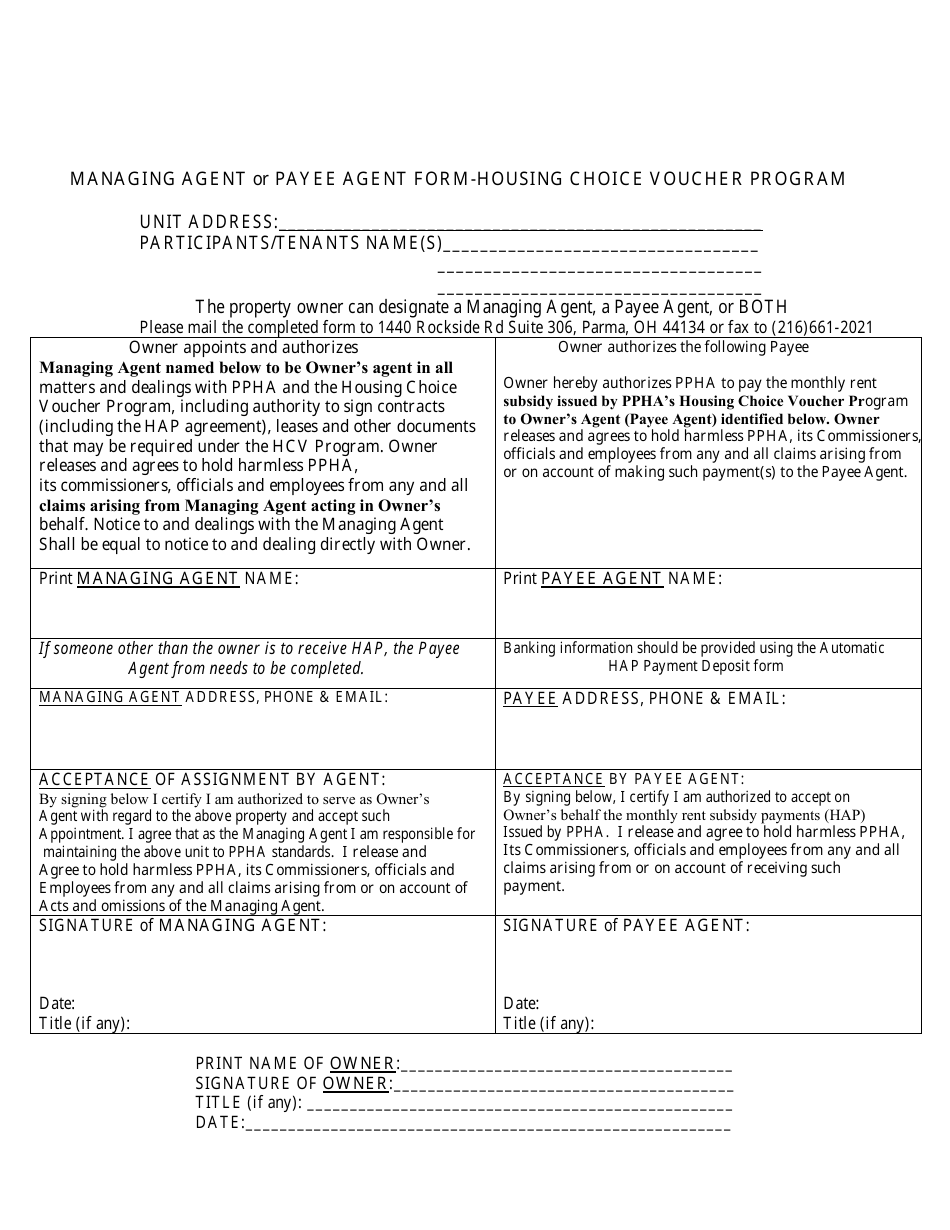 Managing Agent or Payee Agent Form - Housing Choice Voucher Program - City of Parma, Ohio, Page 1