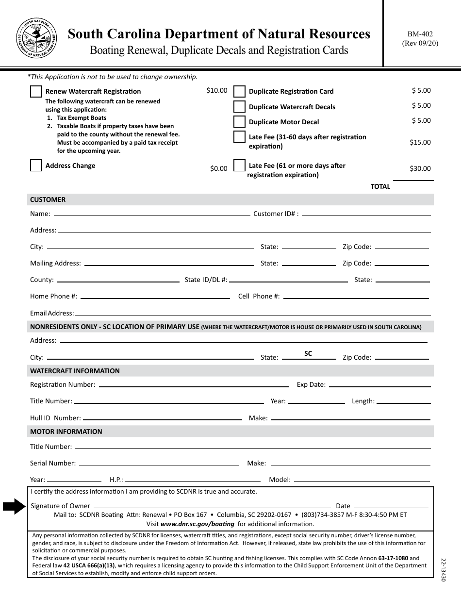 Form BM-402 Boating Renewal, Duplicate Decals and Registration Cards - South Carolina, Page 1