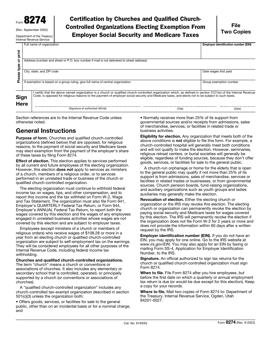 IRS Form 8274 Certification by Churches and Qualified Church Controlled Organizations Electing Exemption From Employer Social Security and Medicare Taxes, Page 1