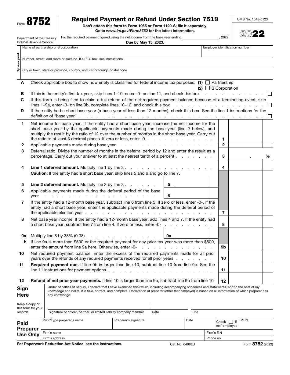 IRS Form 8752 Required Payment or Refund Under Section 7519, Page 1