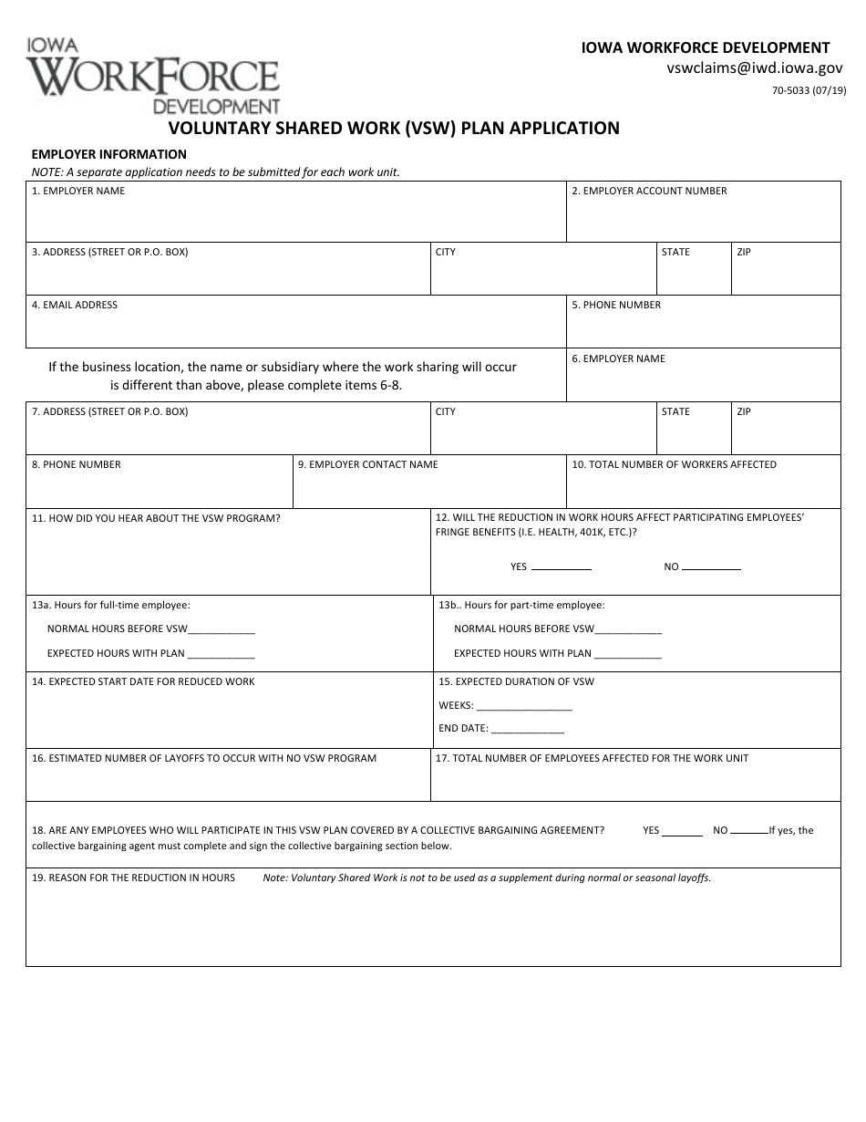 Form 70-5033 Voluntary Shared Work (Vsw) Plan Application - Iowa, Page 1