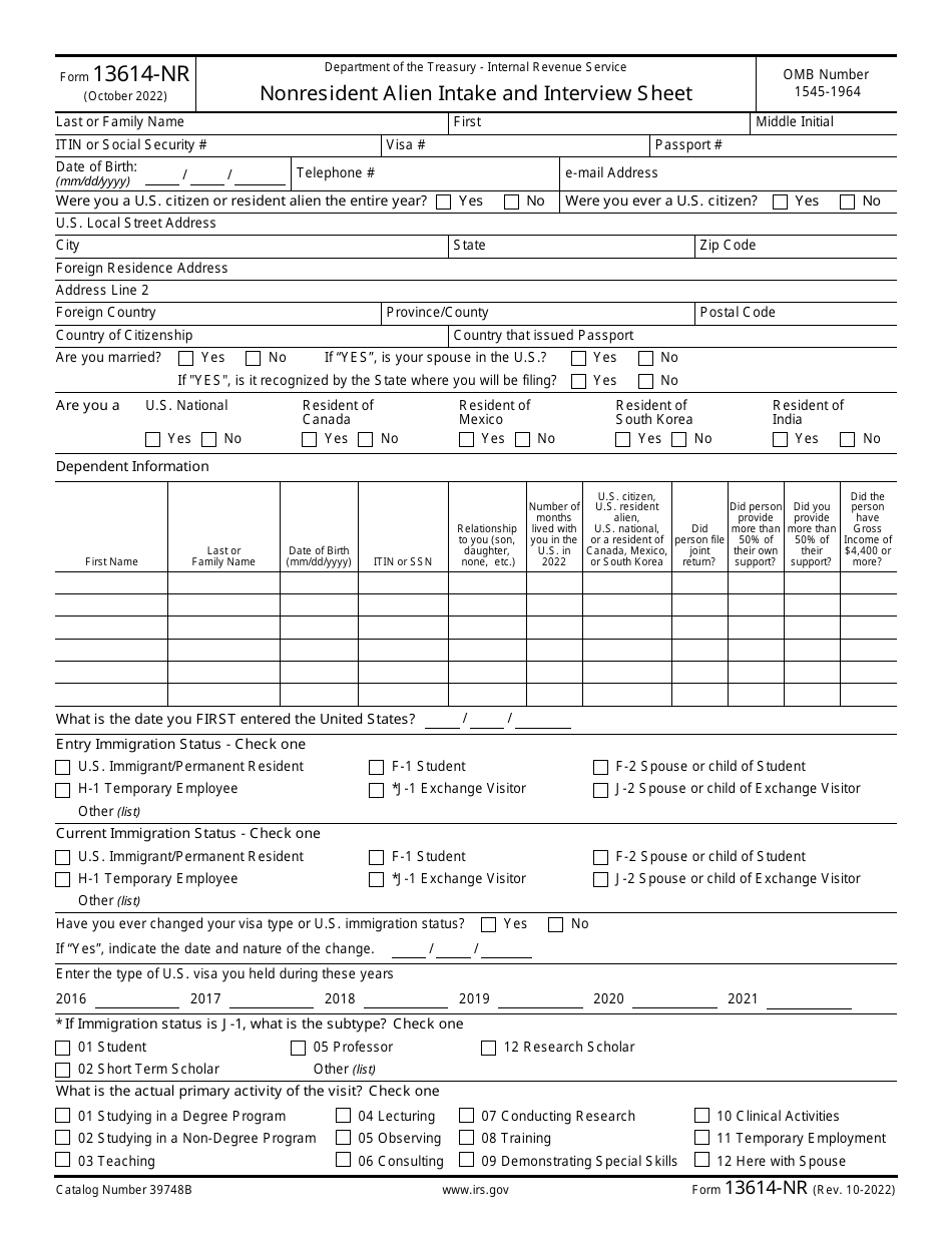 Irs Form 13614-nr - Fill Out, Sign Online And Download Fillable Pdf 