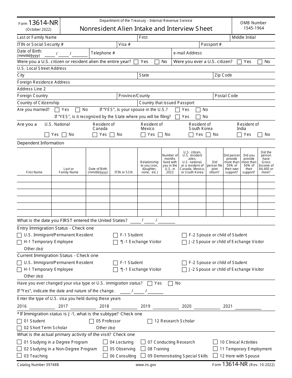 IRS Form 13614-NR Nonresident Alien Intake and Interview Sheet, Page 1