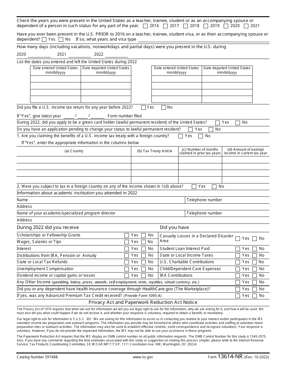 IRS Form 13614-NR Nonresident Alien Intake and Interview Sheet, Page 2