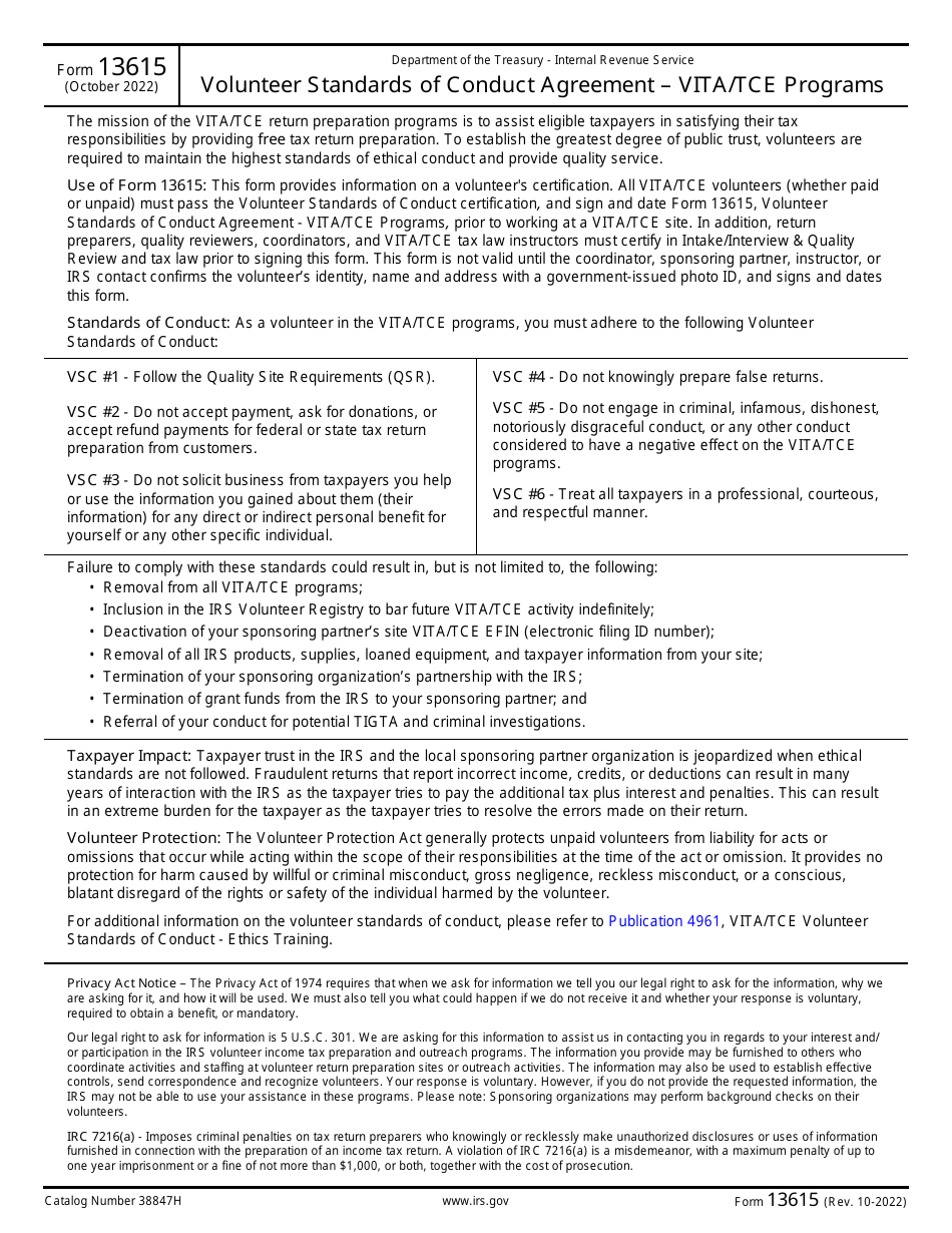 Irs Form 13615 Download Fillable Pdf Or Fill Online Volunteer Standards Of Conduct Agreement