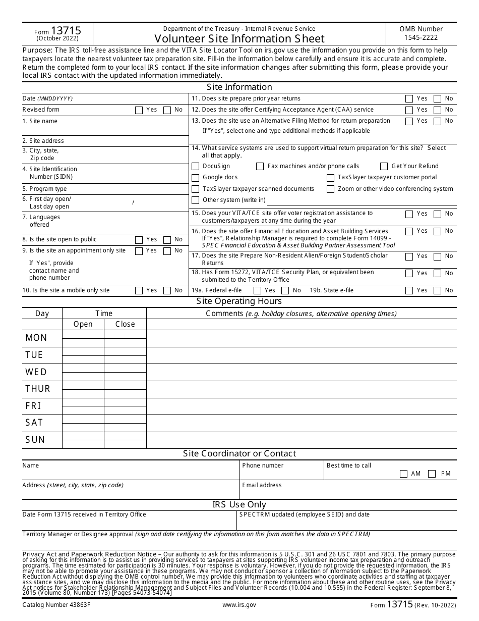 IRS Form 13715 Download Fillable PDF or Fill Online Volunteer Site ...