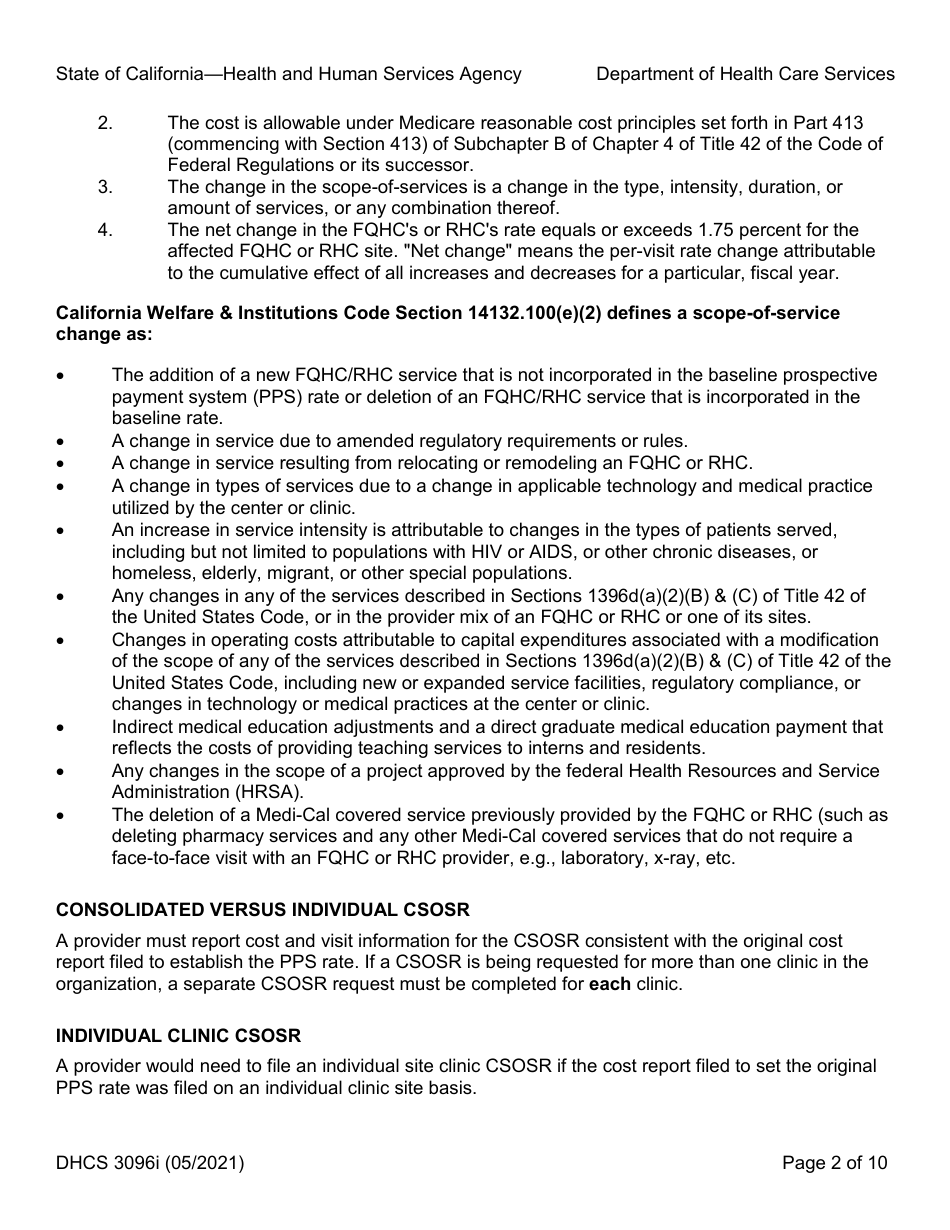 Instructions for Form DHCS3096 Medi-Cal Cost Report - Change in Scope-Of-Service Rquest (Csosr) Freestanding Federally Qualified Health Center (Fqhc) / Rural Health Center (Rhc) Prospective Payment System (Pps) - California, Page 2
