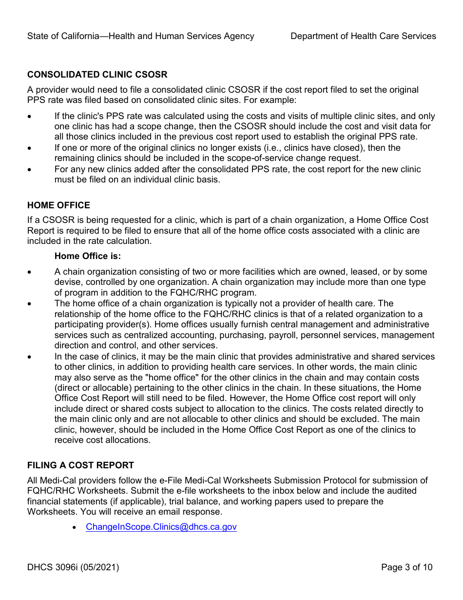 Instructions for Form DHCS3096 Medi-Cal Cost Report - Change in Scope-Of-Service Rquest (Csosr) Freestanding Federally Qualified Health Center (Fqhc) / Rural Health Center (Rhc) Prospective Payment System (Pps) - California, Page 3