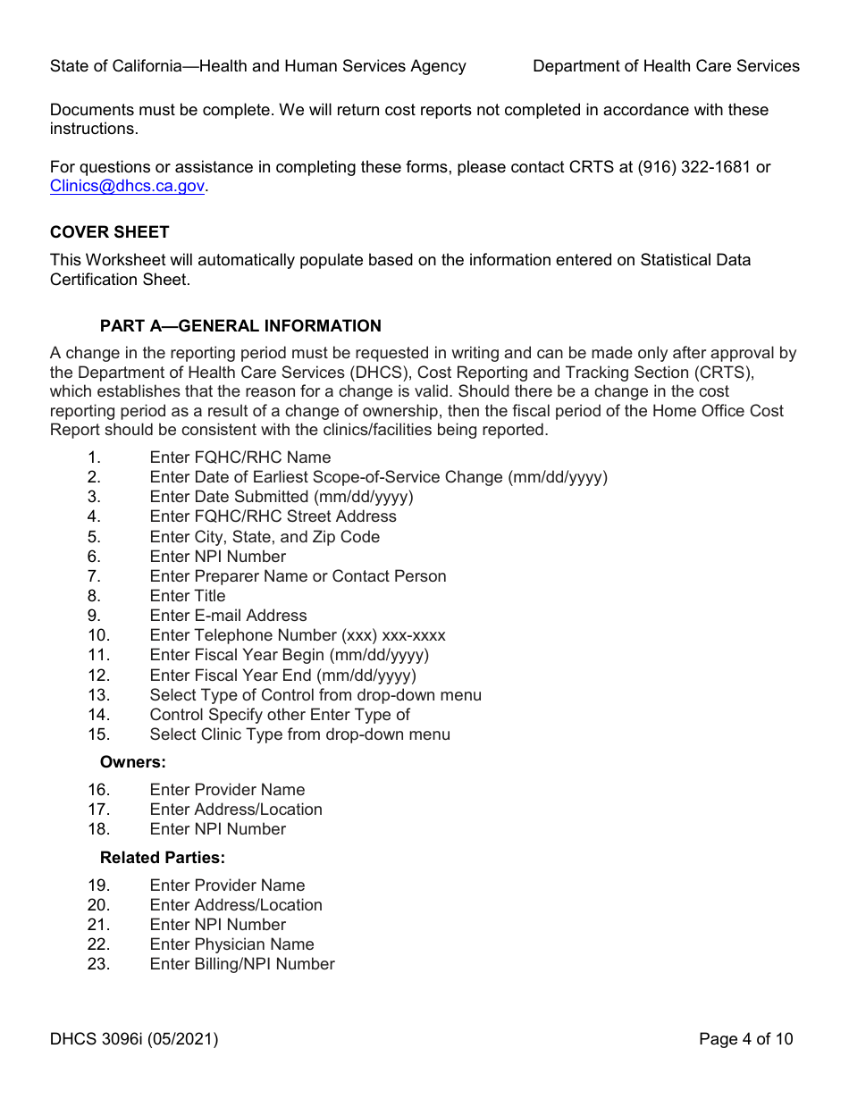 Instructions for Form DHCS3096 Medi-Cal Cost Report - Change in Scope-Of-Service Rquest (Csosr) Freestanding Federally Qualified Health Center (Fqhc) / Rural Health Center (Rhc) Prospective Payment System (Pps) - California, Page 4