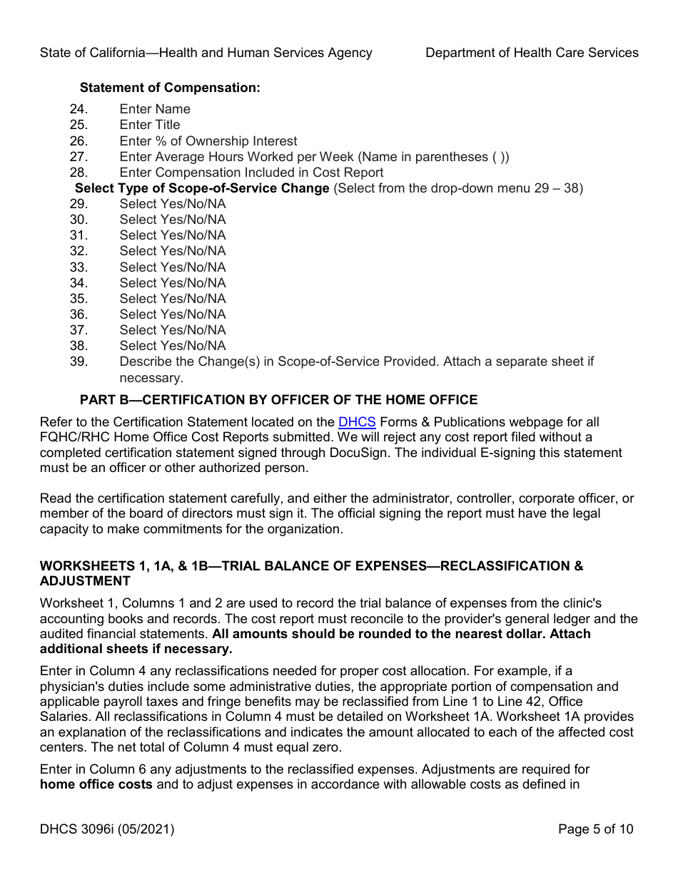 Instructions for Form DHCS3096 Medi-Cal Cost Report - Change in Scope-Of-Service Rquest (Csosr) Freestanding Federally Qualified Health Center (Fqhc) / Rural Health Center (Rhc) Prospective Payment System (Pps) - California, Page 5