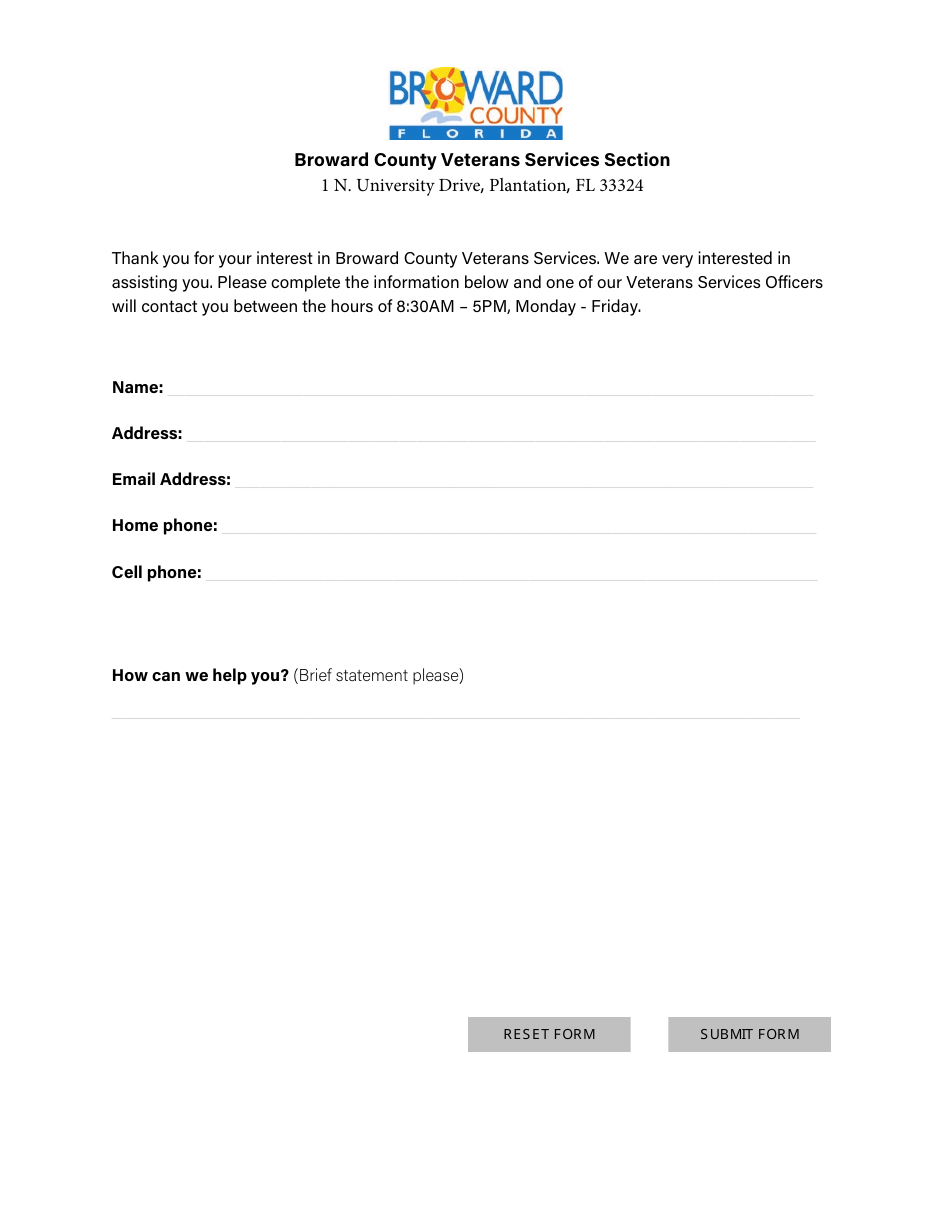 Veterans Services Help Request Form - Broward County, Florida, Page 1