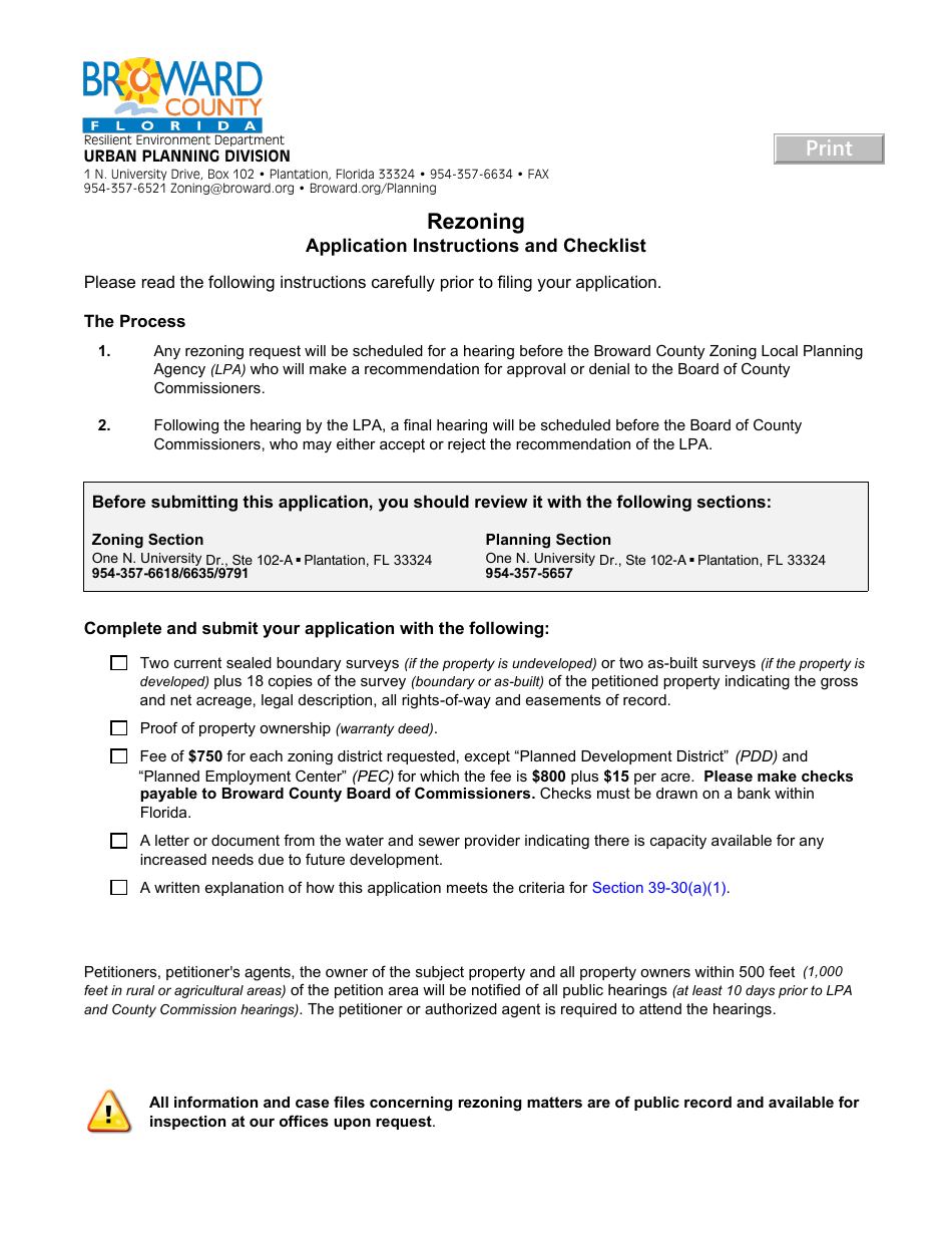 Broward County, Florida Application for Rezoning Fill Out, Sign