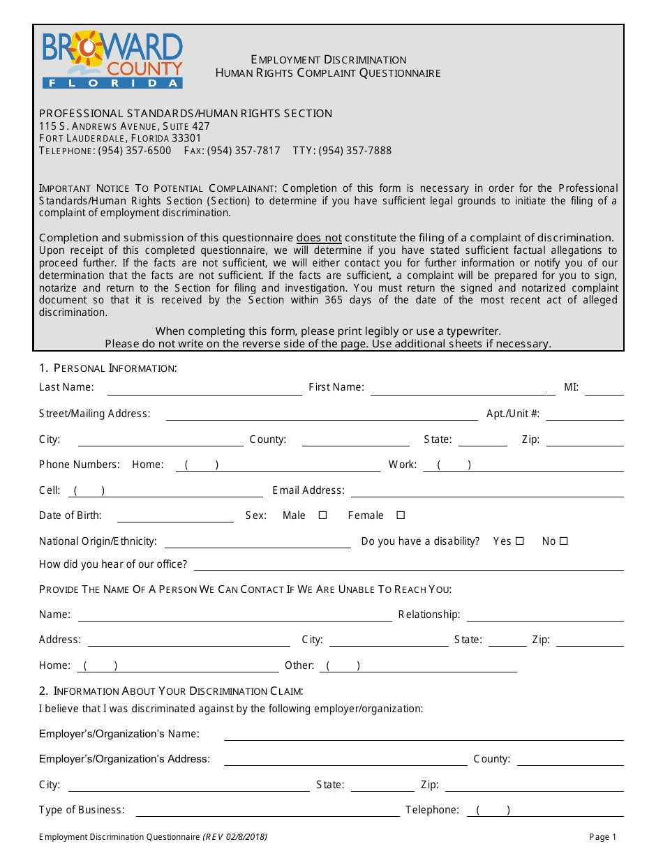 Employment Discrimination Human Rights Complaint Questionnaire - Broward County, Florida, Page 1