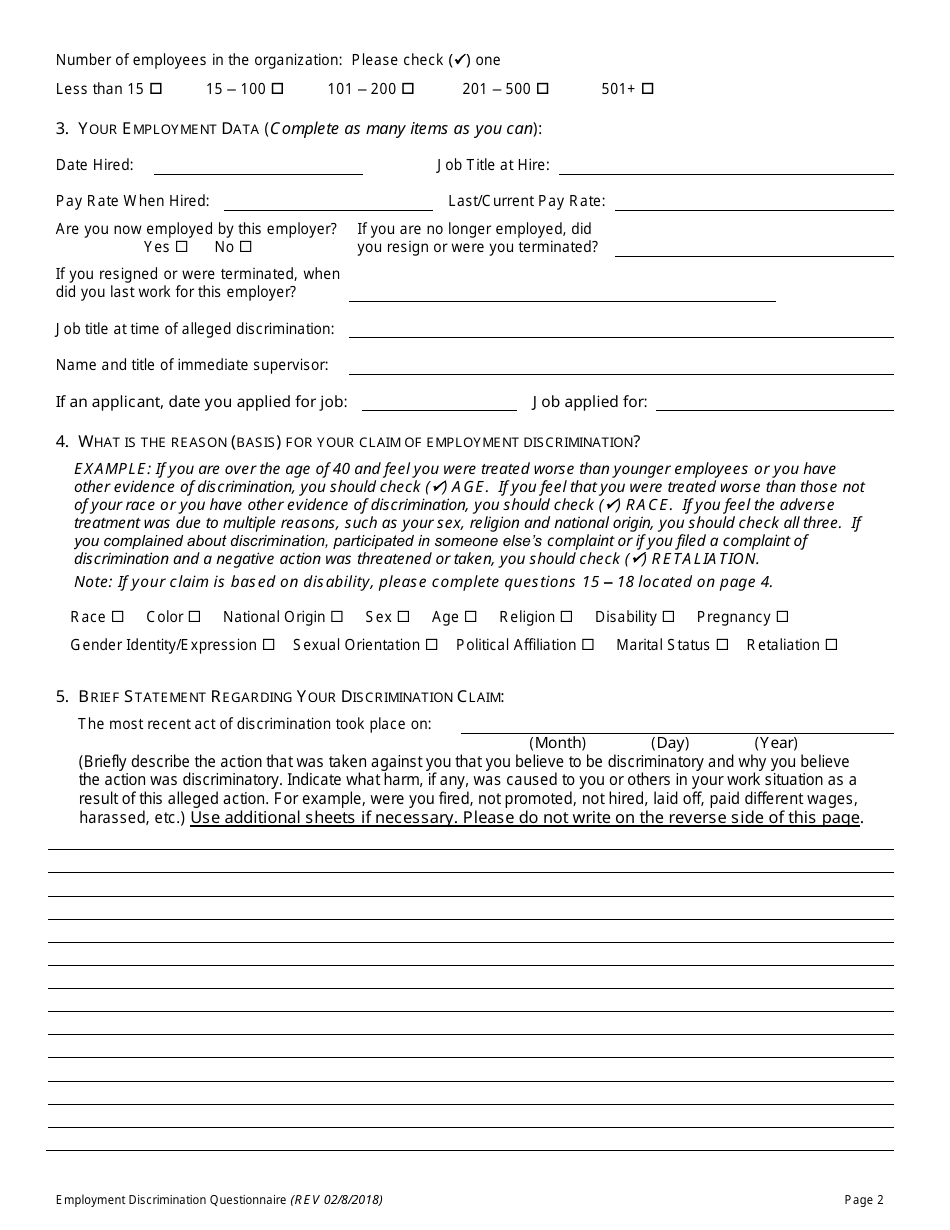 Employment Discrimination Human Rights Complaint Questionnaire - Broward County, Florida, Page 2