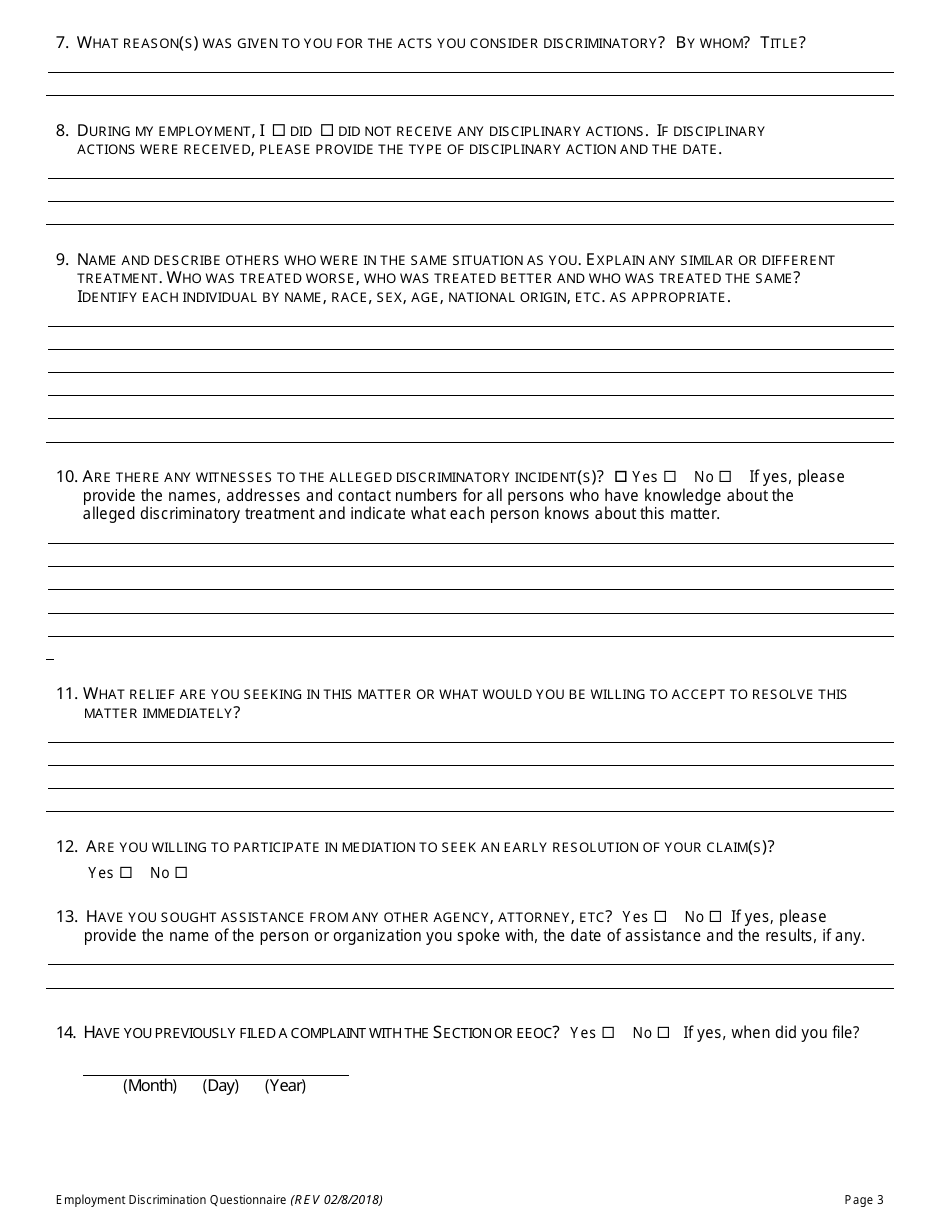 Employment Discrimination Human Rights Complaint Questionnaire - Broward County, Florida, Page 3
