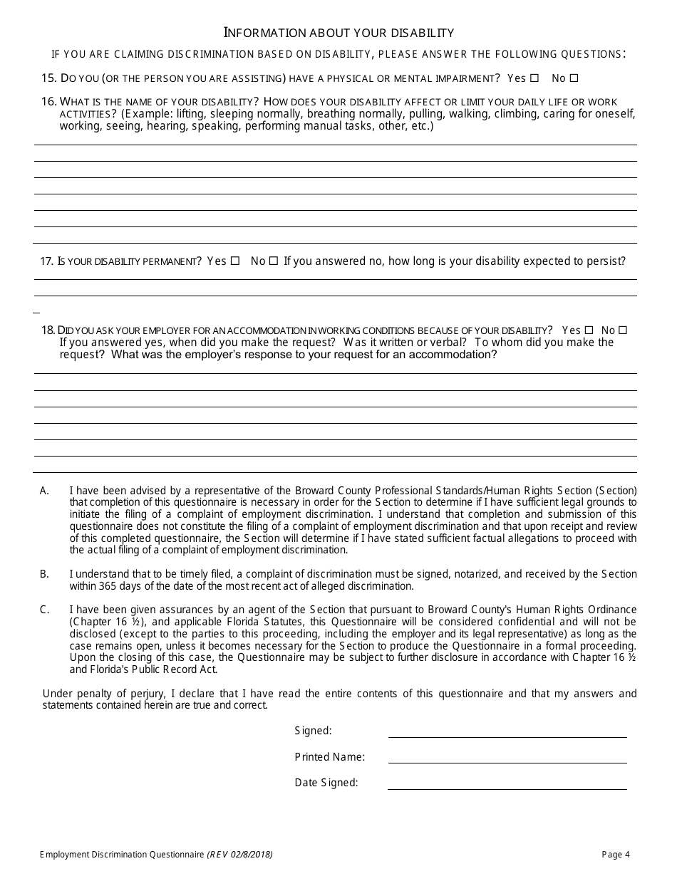 Employment Discrimination Human Rights Complaint Questionnaire - Broward County, Florida, Page 4