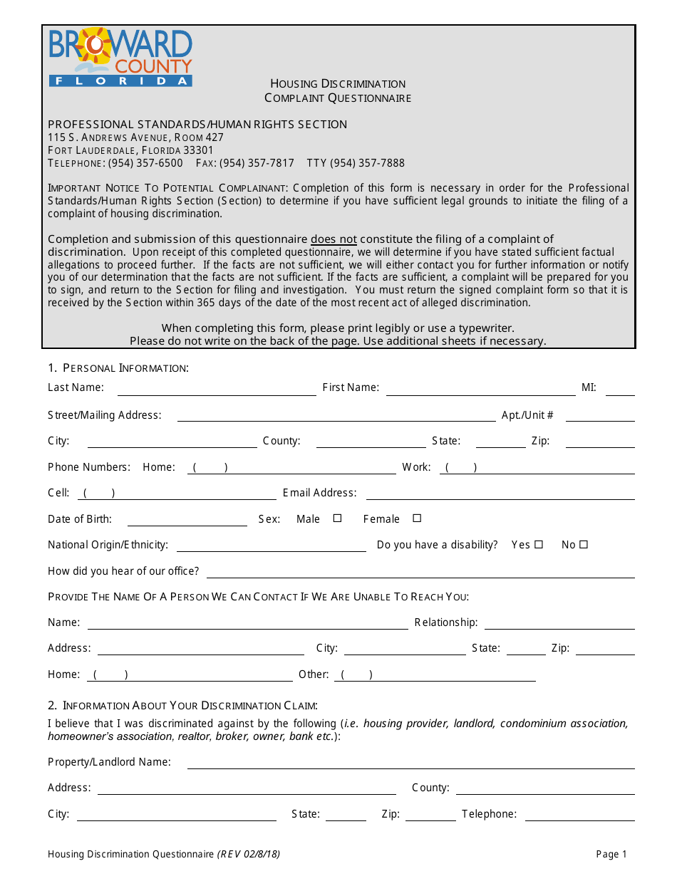 Housing Discrimination Complaint Questionnaire - Broward County, Florida, Page 1