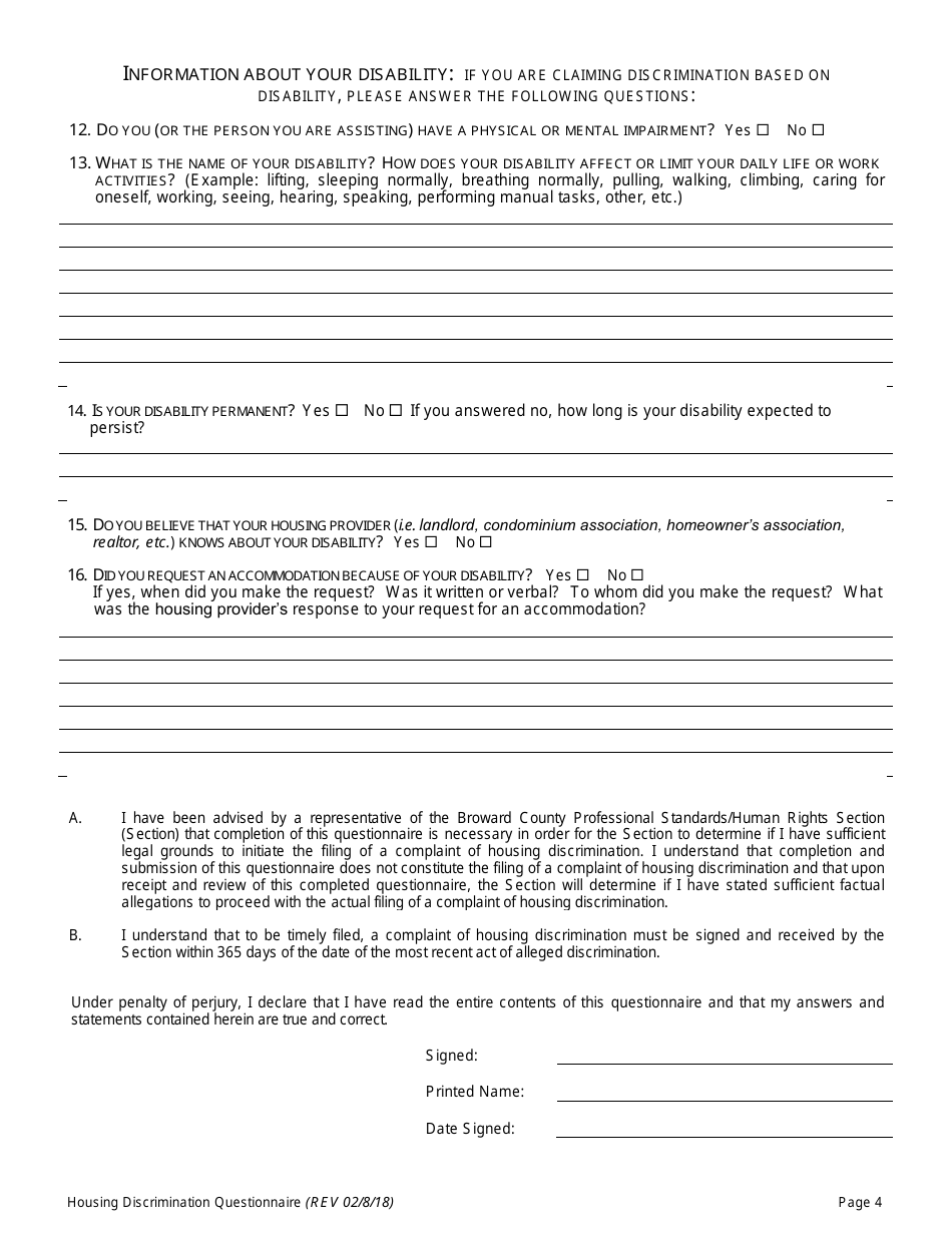 Housing Discrimination Complaint Questionnaire - Broward County, Florida, Page 4