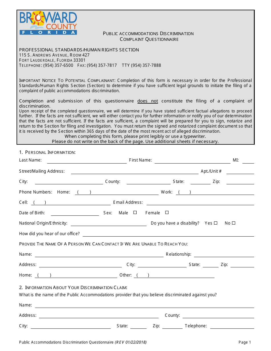 Public Accommodations Discrimination Complaint Questionnaire - Broward County, Florida, Page 1
