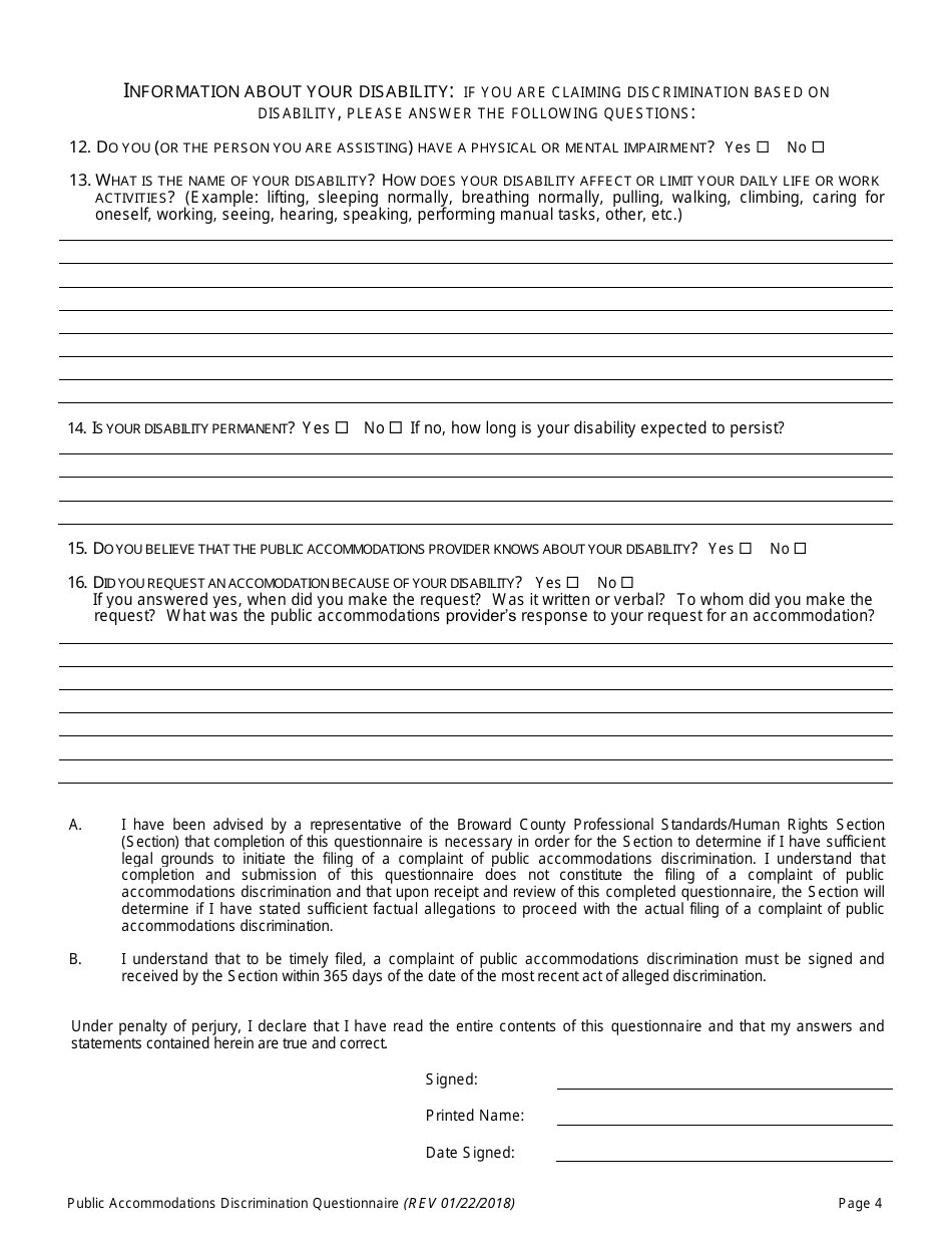 Public Accommodations Discrimination Complaint Questionnaire - Broward County, Florida, Page 4