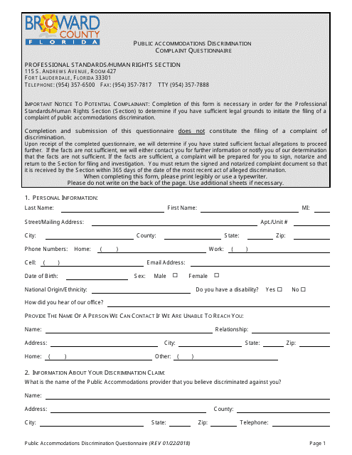 Public Accommodations Discrimination Complaint Questionnaire - Broward County, Florida Download Pdf