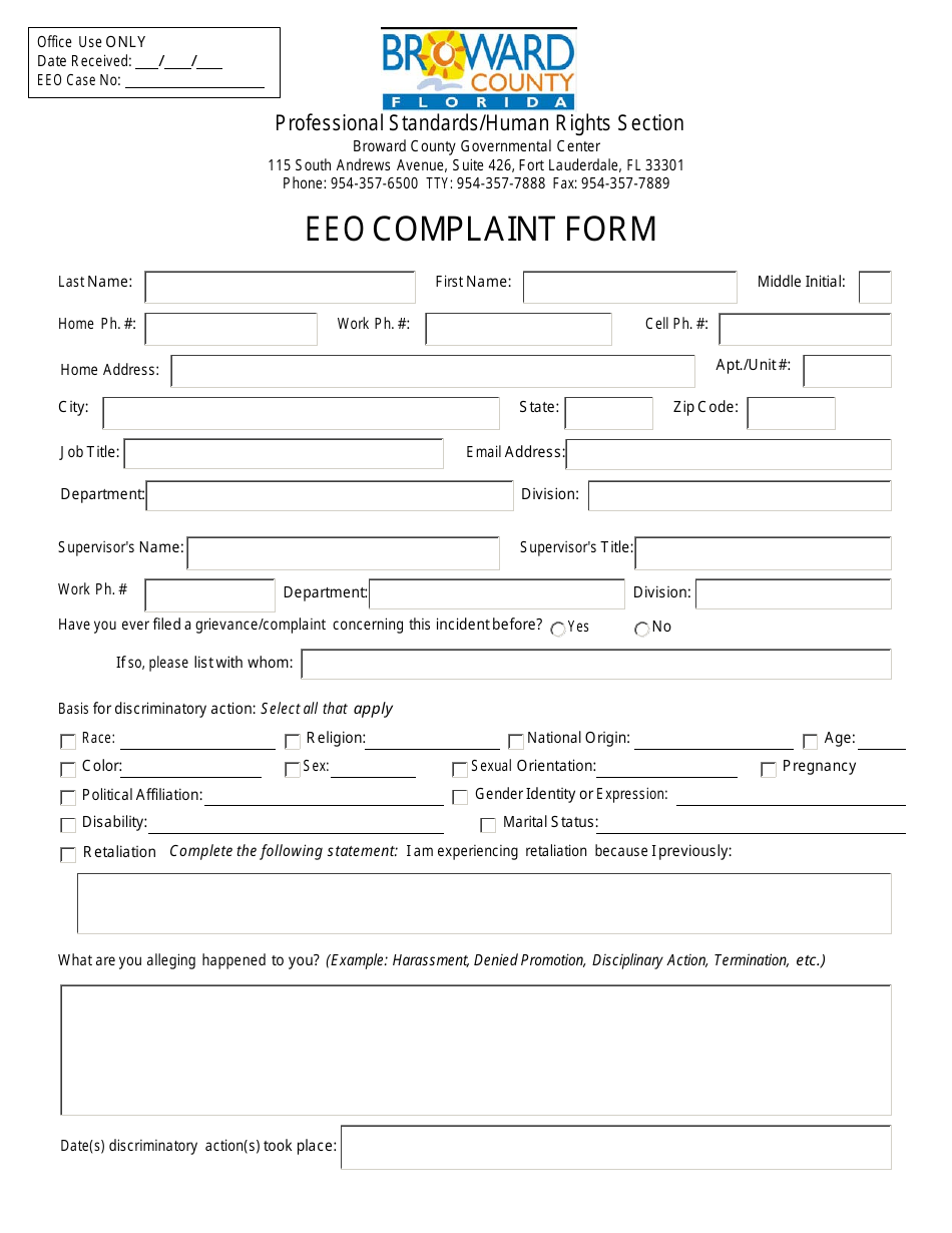 EEO Complaint Form - Broward County, Florida, Page 1